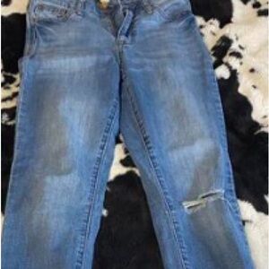 Blue Straight Leg Jeans with Distressed Details